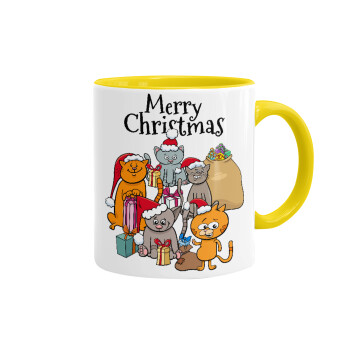 Merry Christmas Cats, Κούπα χρωματιστή κίτρινη, κεραμική, 330ml