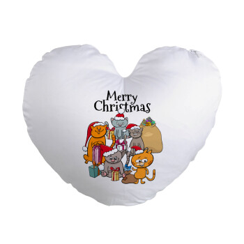 Merry Christmas Cats, Μαξιλάρι καναπέ καρδιά 40x40cm περιέχεται το  γέμισμα