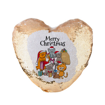 Merry Christmas Cats, Μαξιλάρι καναπέ καρδιά Μαγικό Χρυσό με πούλιες 40x40cm περιέχεται το  γέμισμα