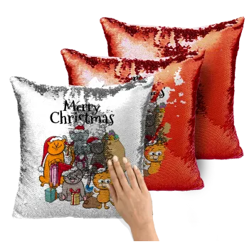 Merry Christmas Cats, Μαξιλάρι καναπέ Μαγικό Κόκκινο με πούλιες 40x40cm περιέχεται το γέμισμα