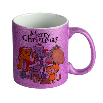 Merry Christmas Cats, Κούπα Μωβ Glitter που γυαλίζει, κεραμική, 330ml