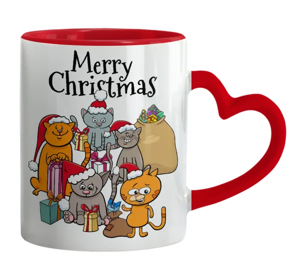 Merry Christmas Cats — Κούπα καρδιά χερούλι κόκκινη, κεραμική, 330ml