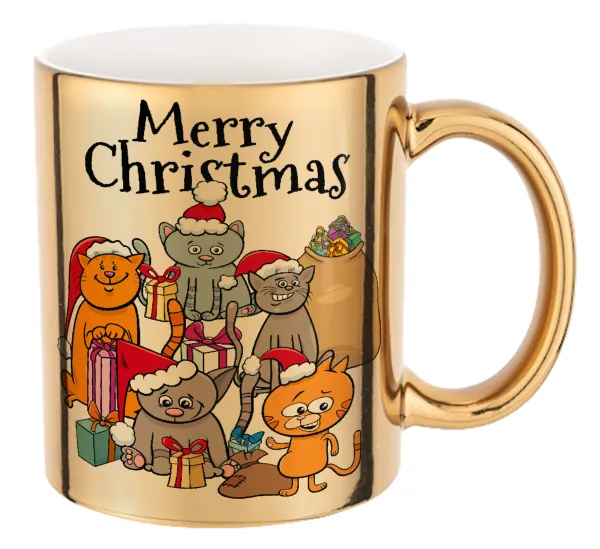 Merry Christmas Cats — Κούπα κεραμική, χρυσή καθρέπτης, 330ml