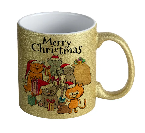 Merry Christmas Cats — Κούπα Χρυσή Glitter που γυαλίζει, κεραμική, 330ml
