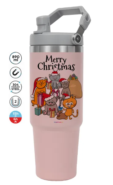 Merry Christmas Cats — ΡΟΖ Travel Tumbler Θερμός με χερούλι και καλαμάκι 890ml