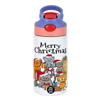 Merry Christmas Cats, Children's hot water bottle, stainless steel, with safety straw, pink/purple (350ml)