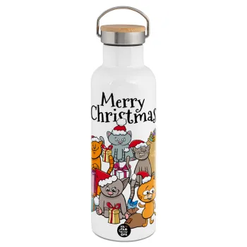 Merry Christmas Cats, Stainless steel White with wooden lid (bamboo), double wall, 750ml