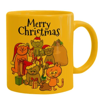 Merry Christmas Cats, Κούπα, κεραμική κίτρινη, 330ml