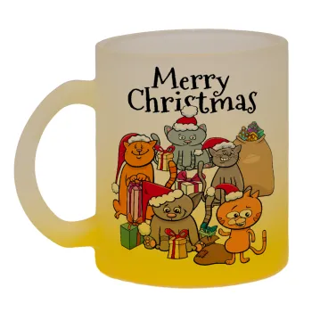 Merry Christmas Cats, Κούπα γυάλινη δίχρωμη με βάση το κίτρινο ματ, 330ml
