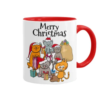 Merry Christmas Cats, Κούπα χρωματιστή κόκκινη, κεραμική, 330ml