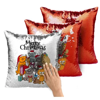 Merry Christmas Cats, Μαξιλάρι καναπέ Μαγικό Κόκκινο με πούλιες 40x40cm περιέχεται το γέμισμα