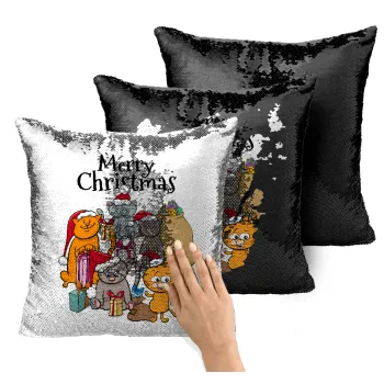Merry Christmas Cats, Μαξιλάρι καναπέ Μαγικό Μαύρο με πούλιες 40x40cm περιέχεται το γέμισμα