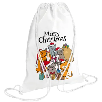 Merry Christmas Cats, Τσάντα πλάτης πουγκί GYMBAG λευκή (28x40cm)