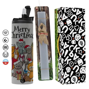 Merry Christmas Cats, Πασχαλινή Λαμπάδα με Travel Tumbler θερμό (600ml, BPA free) & κερί αρωματικό πλακέ (30cm) (ΓΚΡΙ)