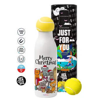 Merry Christmas Cats, Μπάλα τένις μεταλλικό παγούρι θερμός, διπλού τοιχώματος, 550ml