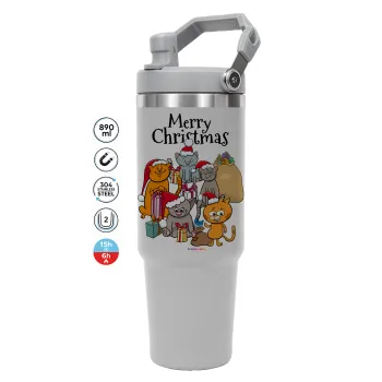Merry Christmas Cats, ΓΚΡΙ χρώματος Θερμός Ανοξείδωτο 890ml (30oz) με χερούλι