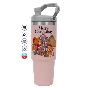 Merry Christmas Cats, ΡΟΖ χρώματος Θερμός Ανοξείδωτο 890ml (30oz) με χερούλι