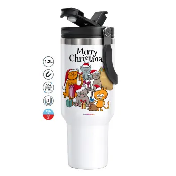 Merry Christmas Cats, Mega Tumbler με καπάκι, διπλού τοιχώματος (θερμό) 1,2L
