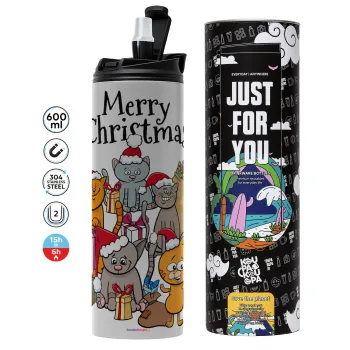 Merry Christmas Cats, Tumbler ποτήρι θερμό ΓΚΡΙ από ανοξείδωτο ατσάλι 600ml