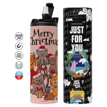 Merry Christmas Cats, Tumbler ποτήρι θερμό ΡΟΖ από ανοξείδωτο ατσάλι 600ml
