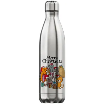 Merry Christmas Cats, Μεταλλικό παγούρι θερμός Inox (Stainless steel), διπλού τοιχώματος, 750ml