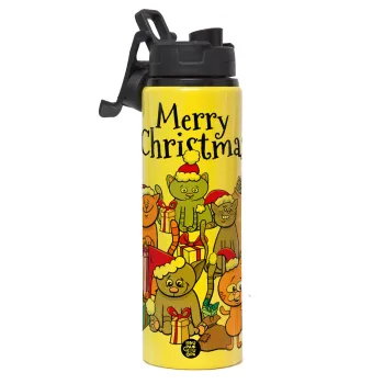 Merry Christmas Cats, Μεταλλικό παγούρι νερού με καπάκι ασφαλείας, αλουμινίου 850ml