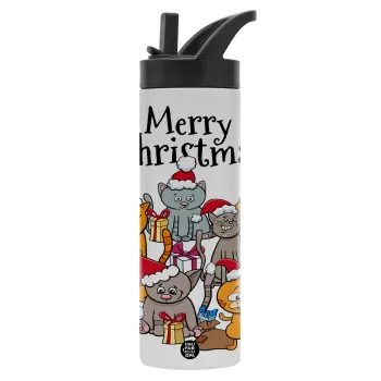Merry Christmas Cats, Metallic thermos bottle with straw & handle, stainless steel (Stainless steel 304), double-walled, 600ml.