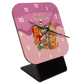 Merry Christmas Cats, Επιτραπέζιο ρολόι σε φυσικό ξύλο (10cm)