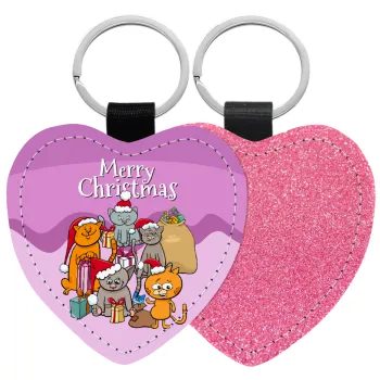 Merry Christmas Cats, Μπρελόκ PU δερμάτινο glitter καρδιά ΡΟΖ
