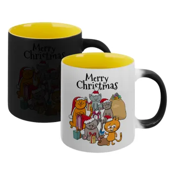 Merry Christmas Cats, Κούπα Μαγική εσωτερικό κίτρινη, κεραμική 330ml που αλλάζει χρώμα με το ζεστό ρόφημα