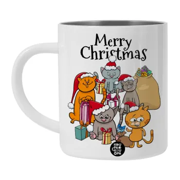 Merry Christmas Cats, Λευκή Ανοξείδωτη Μεταλλική Κούπα 450ml - Διπλού Τοιχώματος 
