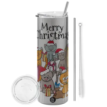Merry Christmas Cats, Tumbler ποτήρι θερμό Ασημένιο από ανοξείδωτο ατσάλι 600ml, με μεταλλικό καλαμάκι & βούρτσα καθαρισμού
