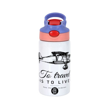 To travel is to live, Children's hot water bottle, stainless steel, with safety straw, pink/purple (350ml)