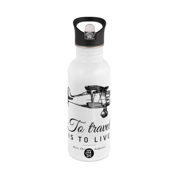 To travel is to live, White water bottle with straw, stainless steel 600ml
