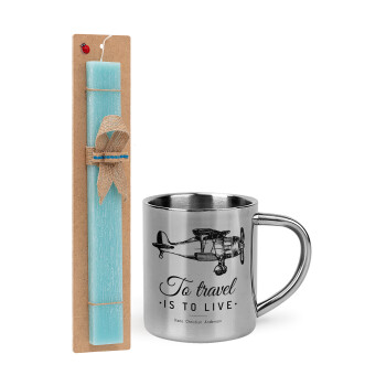 To travel is to live, Easter Set, metallic thermal cup (300ml) & aromatic flat Easter candle (30cm) (TURQUOISE)