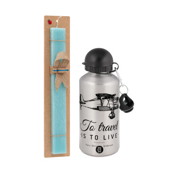 To travel is to live, Easter Set, metallic silver aluminum water bottle (500ml) & scented flat Easter candle (30cm) (TURQUOISE)