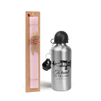 To travel is to live, Easter Set, metallic Silver aluminum water bottle (500ml) & scented flat Easter candle (30cm) (PINK)