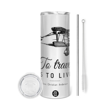 To travel is to live, Eco friendly stainless steel tumbler 600ml, with metal straw & cleaning brush