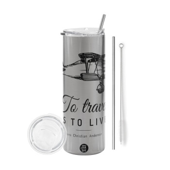 To travel is to live, Eco friendly stainless steel Silver tumbler 600ml, with metal straw & cleaning brush