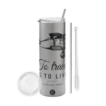 To travel is to live, Tumbler stainless steel Silver 600ml, with metal straw & cleaning brush