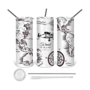 To travel is to live, Tumbler stainless steel 600ml, with metal straw & cleaning brush