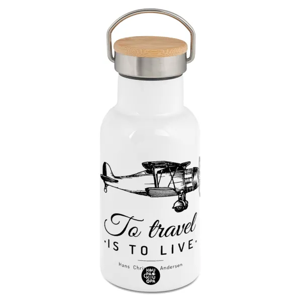 To travel is to live — Metallic thermos (Stainless steel) White with wooden lid (bamboo), double-walled, 350ml