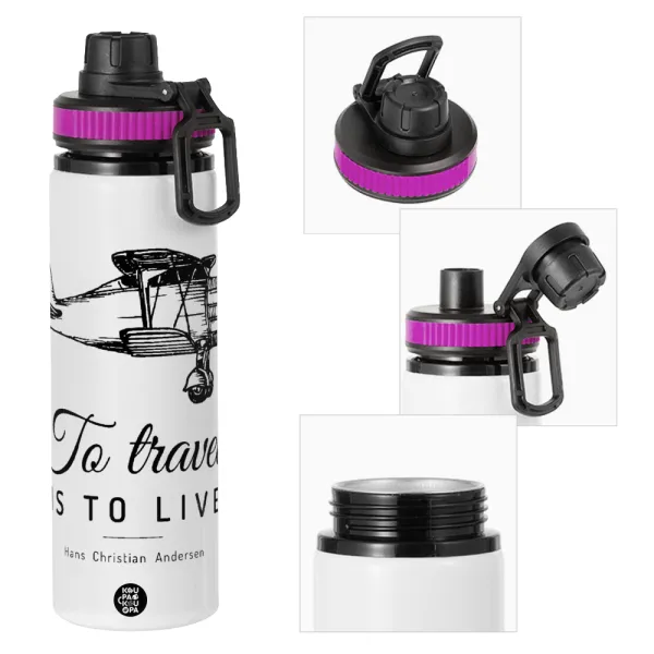 To travel is to live — Metallic water bottle with safety lid, 850ml aluminum