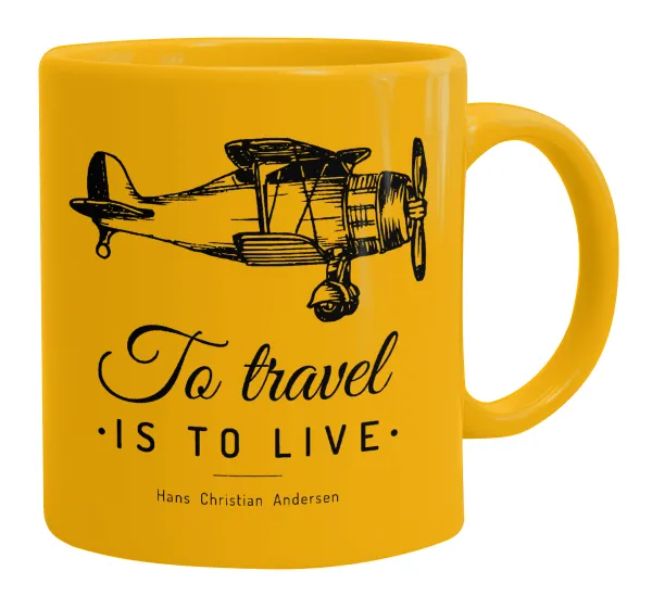 To travel is to live — Ceramic coffee mug yellow, 330ml