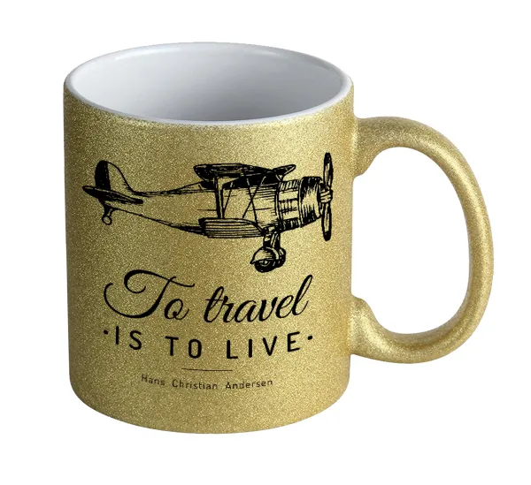 To travel is to live — Κούπα Χρυσή Glitter που γυαλίζει, κεραμική, 330ml