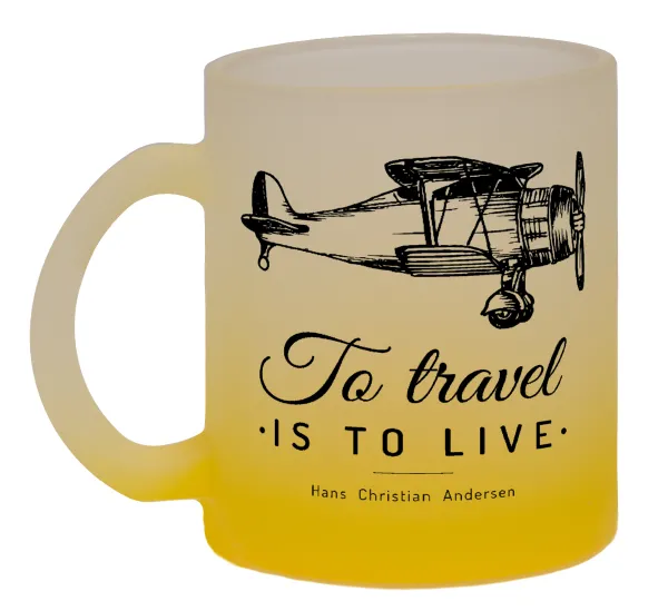 To travel is to live — Two-tone glass mug with matte yellow base, 330ml