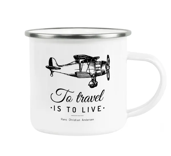 To travel is to live — Metallic enamel cup white 360ml