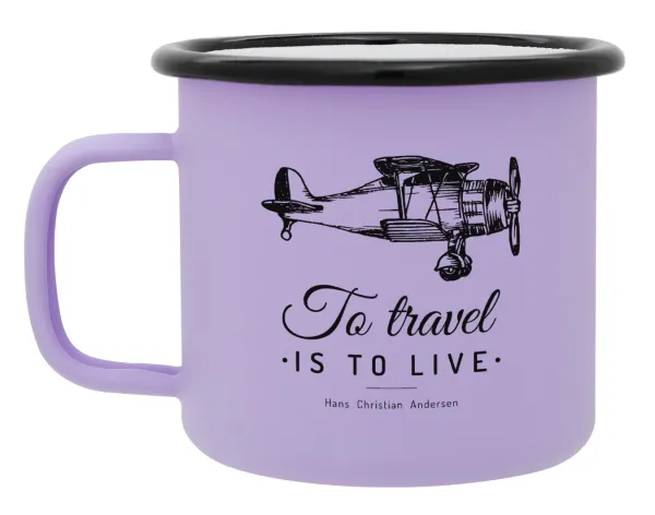 To travel is to live — Metal enamel mug, matte light pastel purple, 360ml