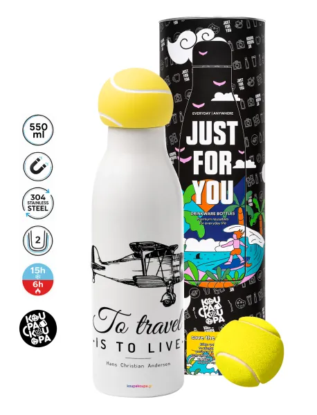To travel is to live — Tennis ball Metal mug thermos White, double wall, 550ml