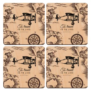 To travel is to live, ΣΕΤ x4 Σουβέρ ξύλινα τετράγωνα plywood (9cm)